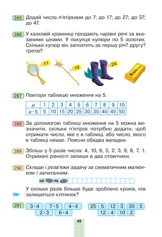МС
49
Додай числа п’ятірками до 7; до 17; до 27; до 37;
до 47.
285
Повтори таблицю множення на 5.287
а 1 2 3 4 5 6 7 8 9 10
а•5 5 10 15 20 25 30 35 40 45 50
У казковій крамниці продають чарівні речі за вка-
заними цінами. У покупця купюри по 5 золотих.
Скільки купюр він заплатить за першу річ? другу?
третю?
286
За допомогою таблиці множення на 5 можна ви-
значити, скільки п’ятірок потрібно додати, щоб
отримати число, яке є в таблиці, або число, якого
в таблиці немає. Поясни обидва випадки.
288
Збільш у 5 разів числа: 4, 10, 6, 5, 2, 3, 9, 6, 7, 1.
Отримані рівності запиши в два стовпчики.
289
Склади і розв’яжи задачу за схематичним малюн-
ком і запитанням.
290
У скільки разів більше буде зроблено кроків, ніж
залишиться клітинок?
291 3•4 25 : 5
2•3 12 : 46•4 10 : 2
7•5 12 : 34•4 20 : 5
 