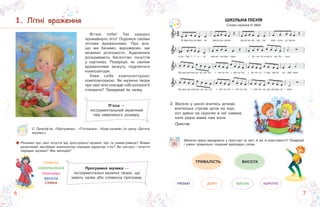 766
ШКІЛЬНА ПІСНЯ
Слова і музика Н. Май
Лiтнi враження
Вітаю тебе! Так швидко
промайнуло літо! Поділися своїми
літніми враженнями. Про все,
що ми бачимо, відчуваємо, ми
можемо розповісти. Художники
розкривають багатство почуттів
у картинах. Поміркуй, як своїми
враженнями можуть поділитися
композитори.
Уяви себе композитором/
композиторкою. Які музичні твори
про свої літні спогади тобі хотілося б
створити? Придумай їм назву.
2. Весело у школі вчитись дітворі,
вчителька стрічає діток на зорі,
хоч давно на скронях в неї сивина,
наче рідна мама нам вона.
Приспів.
П’єса —
інструментальний музичний
твір невеликого розміру.
Програмна музика —
інструментальні музичні твори, що
мають назву або словесну програму.
С. Прокоф’єв. «Прогулянка», «П’ятнашки», «Хода коників» (із циклу «Дитяча
музика»).
Розкажи про свої почуття від прослуханої музики. Що ти уявив/уявила? Якими
музичними засобами композитор передав характер п’єс? Які настрої і почуття
передає музика? Яка мелодія?
СПІВУЧА
ГРАЙЛИВА
СХВИЛЬОВАНА
ВЕСЕЛА
СУМНА
Музичні звуки мандрують у просторі та часі. А які їх властивості? Поміркуй
і уявно правильно поєднай відповідні слова.
ТРИВАЛІСТЬ ВИСОТА
ДОВГІ КОРОТКІНИЗЬКІ ВИСОКІ
 