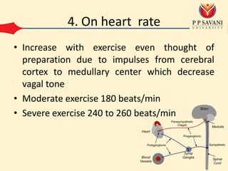 4. On heart rate
• Increase with exercise even thought of
preparation due to impulses from cerebral
cortex to medullary center which decrease
vagal tone
• Moderate exercise 180 beats/min
• Severe exercise 240 to 260 beats/min
 