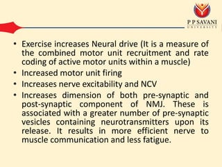 • Exercise increases Neural drive (It is a measure of
the combined motor unit recruitment and rate
coding of active motor units within a muscle)
• Increased motor unit firing
• Increases nerve excitability and NCV
• Increases dimension of both pre-synaptic and
post-synaptic component of NMJ. These is
associated with a greater number of pre-synaptic
vesicles containing neurotransmitters upon its
release. It results in more efficient nerve to
muscle communication and less fatigue.
 