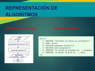 REPRESENTACIÓN DE
ALGORITMOS
Diagramas de flujo Pseudocódigos
 