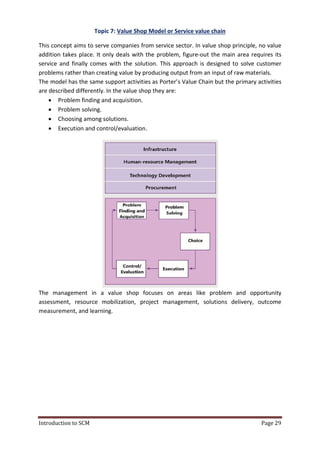 Introduction to SCM Page 29
Topic 7: Value Shop Model or Service value chain
This concept aims to serve companies from service sector. In value shop principle, no value
addition takes place. It only deals with the problem, figure-out the main area requires its
service and finally comes with the solution. This approach is designed to solve customer
problems rather than creating value by producing output from an input of raw materials.
The model has the same support activities as Porter’s Value Chain but the primary activities
are described differently. In the value shop they are:
 Problem finding and acquisition.
 Problem solving.
 Choosing among solutions.
 Execution and control/evaluation.
The management in a value shop focuses on areas like problem and opportunity
assessment, resource mobilization, project management, solutions delivery, outcome
measurement, and learning.
 