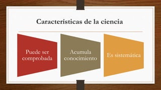 Características de la ciencia
Puede ser
comprobada
Acumula
conocimiento
Es sistemática
 
