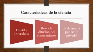 Características de la ciencia
Es útil y
provechosa
Busca la
difusión del
conocimiento
Es de interés
público y
privado
 