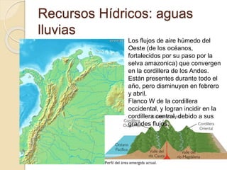 Recursos Hídricos: aguas
lluvias
Los flujos de aire húmedo del
Oeste (de los océanos,
fortalecidos por su paso por la
selva amazonica) que convergen
en la cordillera de los Andes.
Están presentes durante todo el
año, pero disminuyen en febrero
y abril.
Flanco W de la cordillera
occidental, y logran incidir en la
cordillera central, debido a sus
grandes flujos.
 