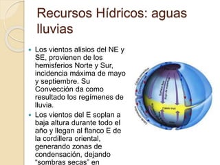  Los vientos alisios del NE y
SE, provienen de los
hemisferios Norte y Sur,
incidencia máxima de mayo
y septiembre. Su
Convección da como
resultado los regímenes de
lluvia.
 Los vientos del E soplan a
baja altura durante todo el
año y llegan al flanco E de
la cordillera oriental,
generando zonas de
condensación, dejando
“sombras secas” en
Recursos Hídricos: aguas
lluvias
 