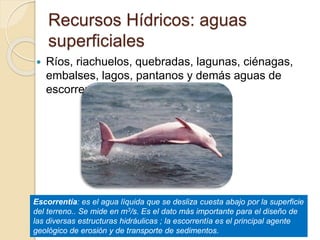  Ríos, riachuelos, quebradas, lagunas, ciénagas,
embalses, lagos, pantanos y demás aguas de
escorrentía.
Recursos Hídricos: aguas
superficiales
Escorrentía: es el agua líquida que se desliza cuesta abajo por la superficie
del terreno.. Se mide en m3/s. Es el dato más importante para el diseño de
las diversas estructuras hidráulicas ; la escorrentía es el principal agente
geológico de erosión y de transporte de sedimentos.
 