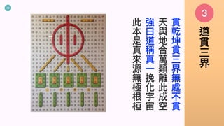 39
貫
乾
坤
貫
三
界
無
處
不
貫
天
與
地
合
萬
類
離
此
成
空
強
曰
道
稱
真
⼀
挽
化
宇
宙
此
本
是
真
來
源
無
極
根
桓
3
道
貫
三
界
 