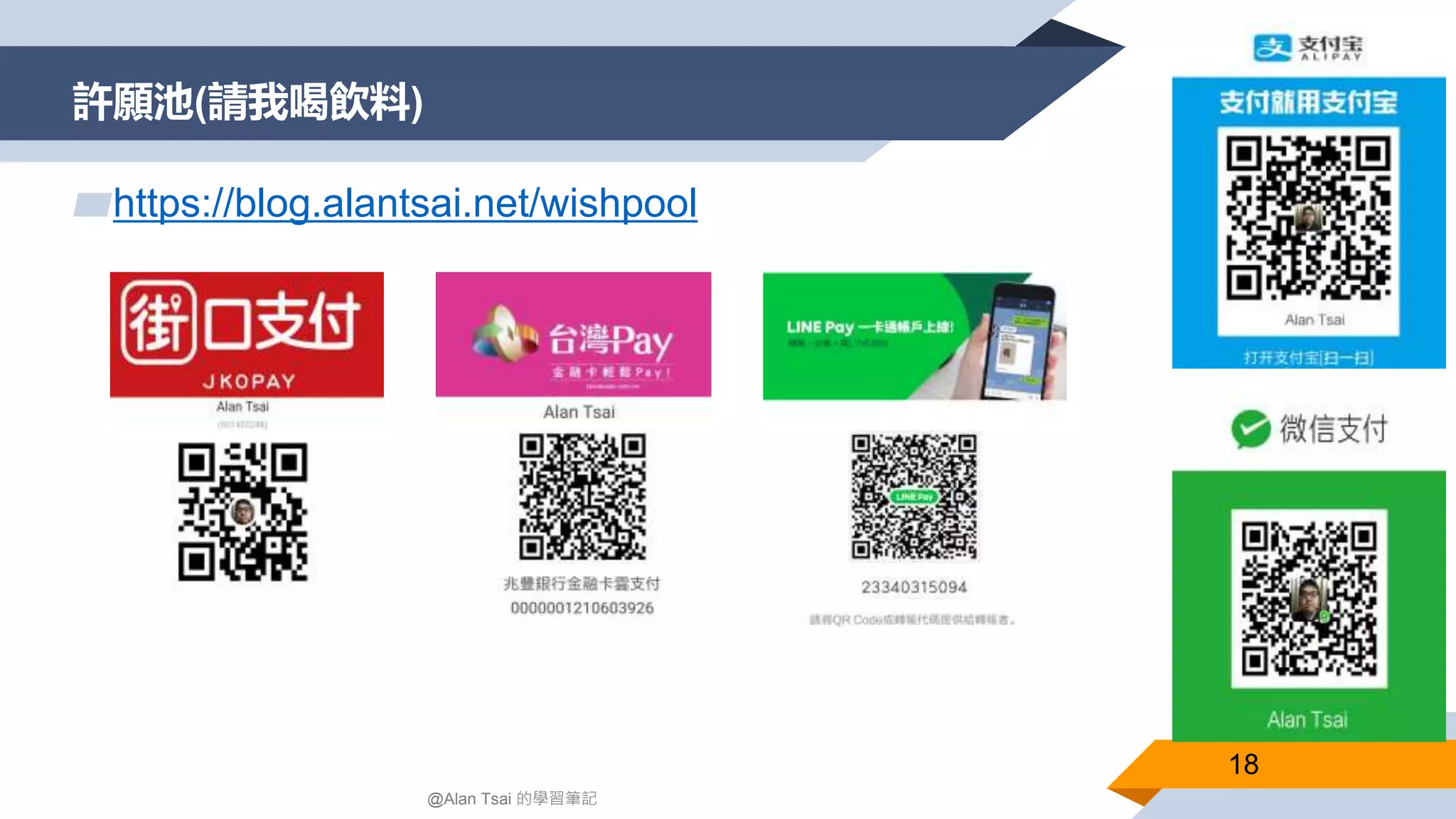 許願池(請我喝飲料)
▰https://blog.alantsai.net/wishpool
@Alan Tsai 的學習筆記
18
 