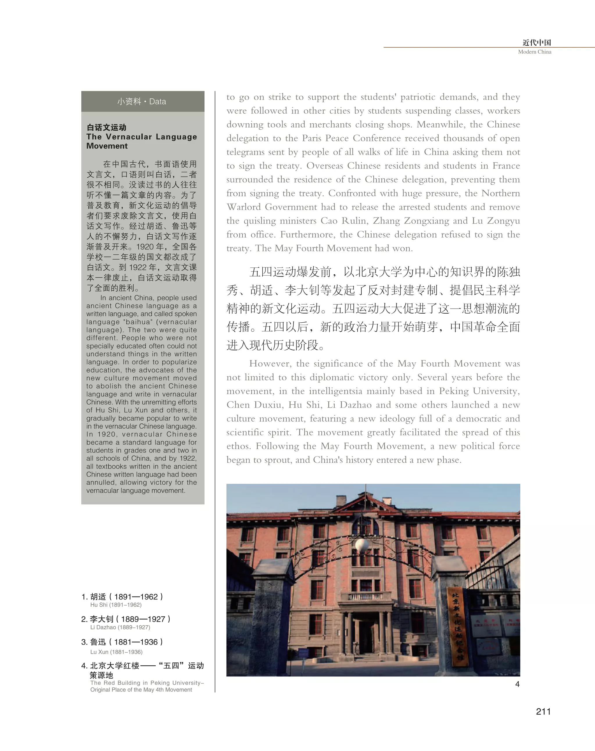 近代中国
Modern China
211
to go on strike to support the students' patriotic demands, and they
were followed in other cities by students suspending classes, workers
downing tools and merchants closing shops. Meanwhile, the Chinese
delegation to the Paris Peace Conference received thousands of open
telegrams sent by people of all walks of life in China asking them not
to sign the treaty. Overseas Chinese residents and students in France
surrounded the residence of the Chinese delegation, preventing them
from signing the treaty. Confronted with huge pressure, the Northern
Warlord Government had to release the arrested students and remove
the quisling ministers Cao Rulin, Zhang Zongxiang and Lu Zongyu
from office. Furthermore, the Chinese delegation refused to sign the
treaty. The May Fourth Movement had won.
五四运动爆发前，以北京大学为中心的知识界的陈独
秀、胡适、李大钊等发起了反对封建专制、提倡民主科学
精神的新文化运动。五四运动大大促进了这一思想潮流的
传播。五四以后，新的政治力量开始萌芽，中国革命全面
进入现代历史阶段。
However, the significance of the May Fourth Movement was
not limited to this diplomatic victory only. Several years before the
movement, in the intelligentsia mainly based in Peking University,
Chen Duxiu, Hu Shi, Li Dazhao and some others launched a new
culture movement, featuring a new ideology full of a democratic and
scientific spirit. The movement greatly facilitated the spread of this
ethos. Following the May Fourth Movement, a new political force
began to sprout, and China's history entered a new phase.
白话文运动
The Vernacular Language
Movement
在中国古代，书面语使用
文言文，口语则叫白话，二者
很不相同。没读过书的人往往
听不懂一篇文章的内容。为了
普及教育，新文化运动的倡导
者们要求废除文言文，使用白
话文写作。经过胡适、鲁迅等
人的不懈努力，白话文写作逐
渐普及开来。1920 年，全国各
学校一二年级的国文都改成了
白话文。到 1922 年，文言文课
本一律废止，白话文运动取得
了全面的胜利。
In ancient China, people used
ancient Chinese language as a
written language, and called spoken
language "baihua" (vernacular
language). The two were quite
different. People who were not
specially educated often could not
understand things in the written
language. In order to popularize
education, the advocates of the
new culture movement moved
to abolish the ancient Chinese
language and write in vernacular
Chinese. With the unremitting efforts
of Hu Shi, Lu Xun and others, it
gradually became popular to write
in the vernacular Chinese language.
In 1920, vernacular Chinese
became a standard language for
students in grades one and two in
all schools of China, and by 1922,
all textbooks written in the ancient
Chinese written language had been
annulled, allowing victory for the
vernacular language movement.
小资料·Data
The Red Building in Peking University-
Original Place of the May 4th Movement
Hu Shi (1891-1962)
Li Dazhao (1889-1927)
Lu Xun (1881-1936)
1. 胡适（1891—1962）
2. 李大钊（1889—1927）
3. 鲁迅（1881—1936）
4. 北京大学红楼——“五四”运动
策源地
4
 
