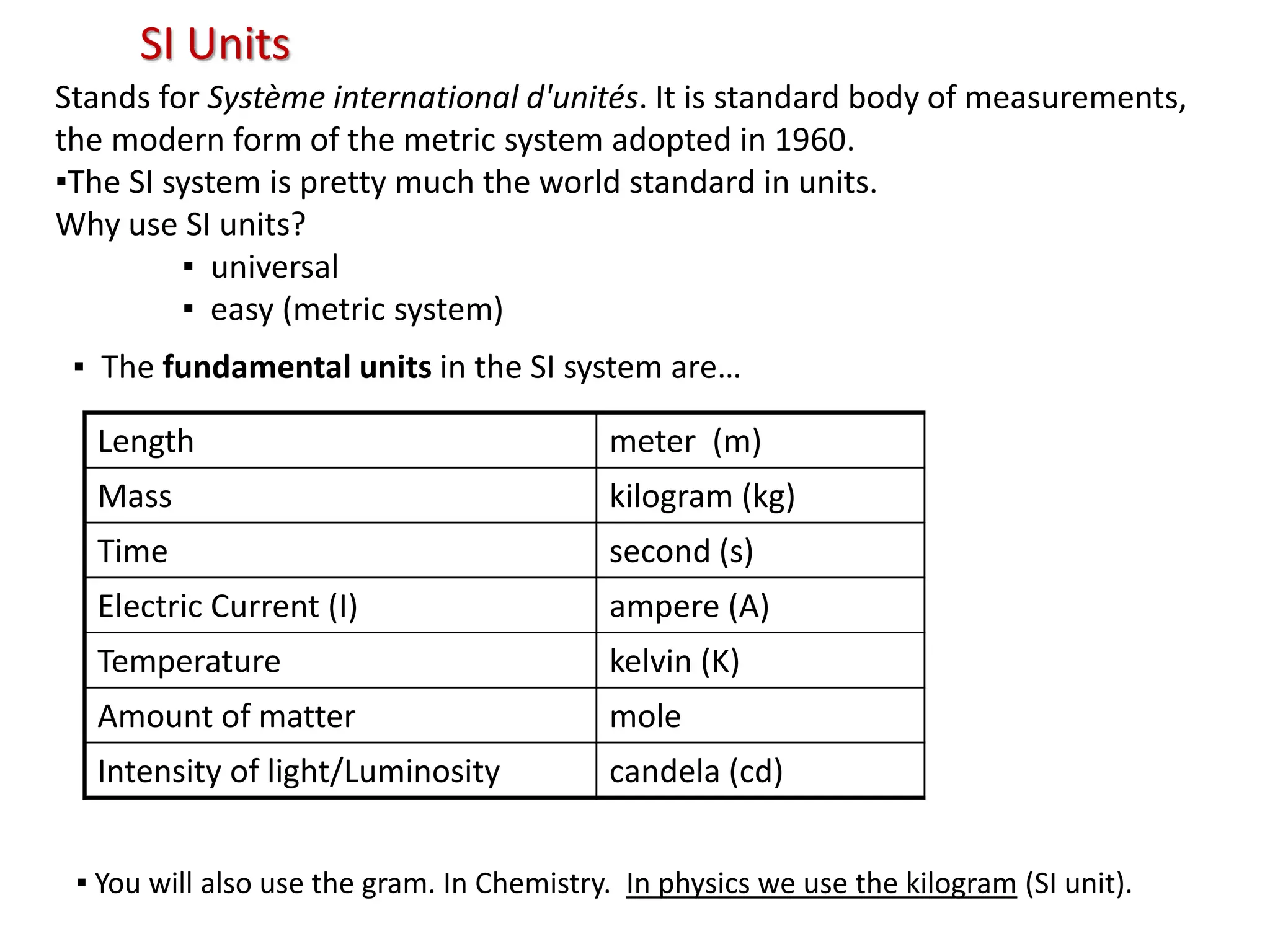Stands for Système international d'unités. It is standard body of measurements,
the modern form of the metric system adopted in 1960.
▪The SI system is pretty much the world standard in units.
Why use SI units?
▪ universal
▪ easy (metric system)
SI Units
▪ The fundamental units in the SI system are…
Length meter (m)
Mass kilogram (kg)
Time second (s)
Electric Current (I) ampere (A)
Temperature kelvin (K)
Amount of matter mole
Intensity of light/Luminosity candela (cd)
▪ You will also use the gram. In Chemistry. In physics we use the kilogram (SI unit).
 