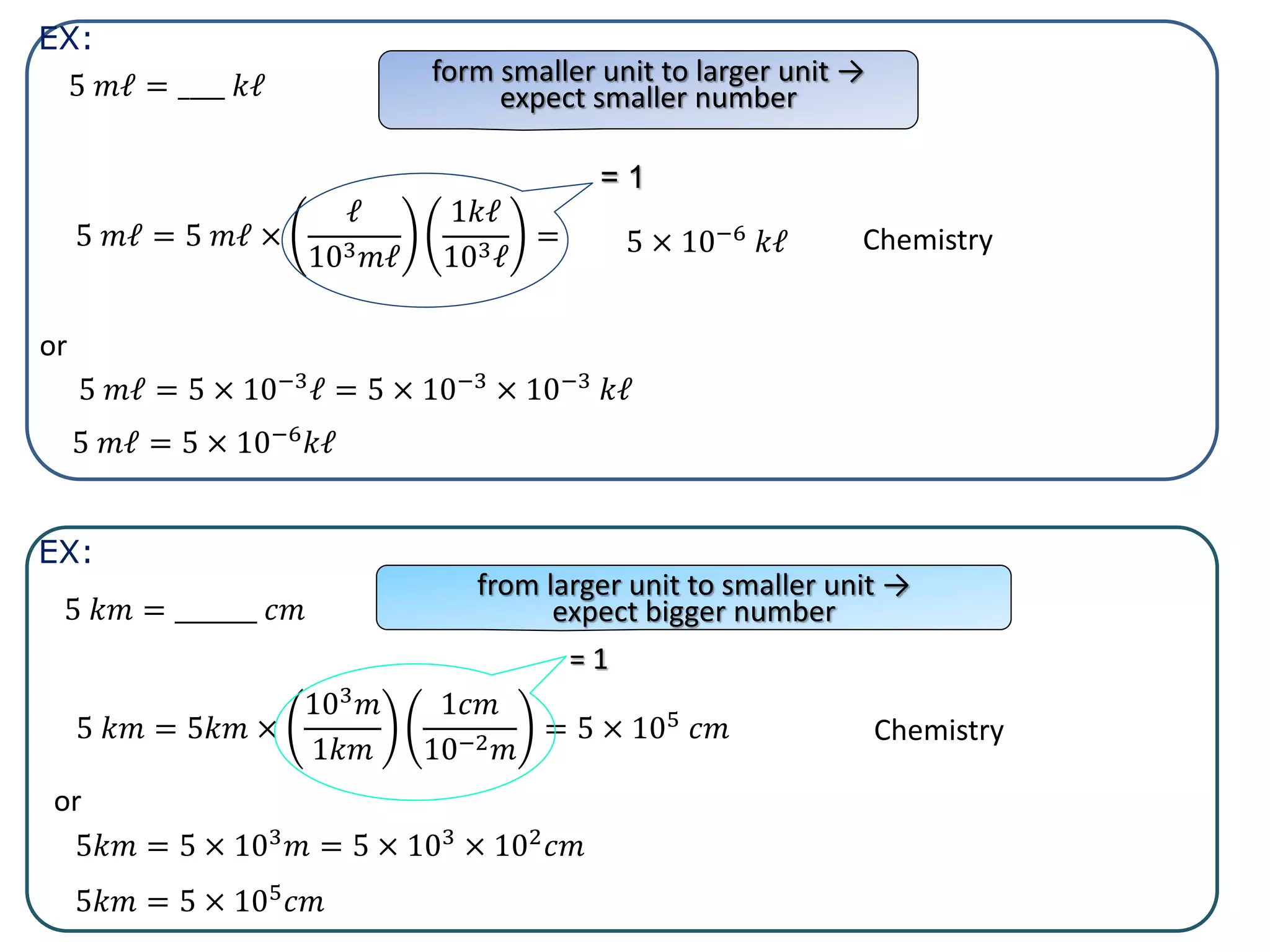 5 𝑚ℓ = ____ 𝑘ℓ form smaller unit to larger unit →
expect smaller number
5 𝑚ℓ = 5 × 10−6 𝑘ℓ
5 𝑚ℓ = 5 𝑚ℓ ×
ℓ
103 𝑚ℓ
1𝑘ℓ
103ℓ
= 5 × 10−6 𝑘ℓ
= 1
or
Chemistry
5 𝑘𝑚 = _______ 𝑐𝑚
from larger unit to smaller unit →
expect bigger number
5𝑘𝑚 = 5 × 103 𝑚 = 5 × 103 × 102 𝑐𝑚
or
5 𝑘𝑚 = 5𝑘𝑚 ×
103
𝑚
1𝑘𝑚
1𝑐𝑚
10−2 𝑚
= 5 × 105 𝑐𝑚 Chemistry
= 1
EX:
EX:
5 𝑚ℓ = 5 × 10−3ℓ = 5 × 10−3 × 10−3 𝑘ℓ
5𝑘𝑚 = 5 × 105
𝑐𝑚
 