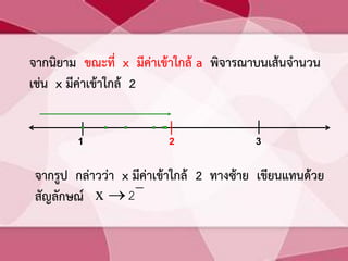 จำกนิยำม ขณะที่ x มีค่ำเข้ำใกล้ a พิจำรณำบนเส้นจำนวน
เช่น x มีค่ำเข้ำใกล้ 2
1 2 3

 2x
จำกรูป กล่ำวว่ำ x มีค่ำเข้ำใกล้ 2 ทำงซ้ำย เขียนแทนด้วย
สัญลักษณ์
 