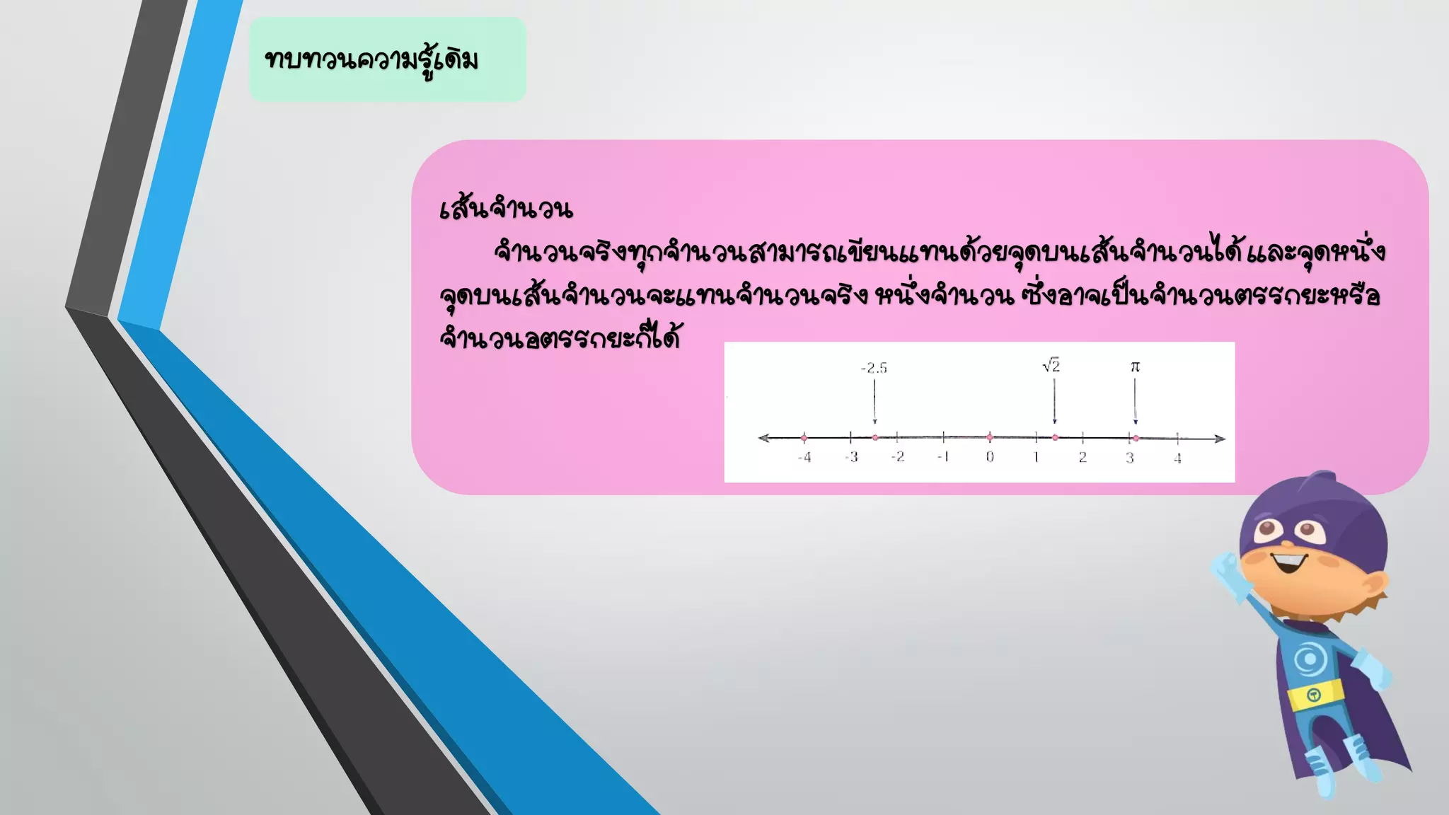 ทบทวนความรู้เดิม
เส้นจานวน
จานวนจริงทุกจานวนสามารถเขียนแทนด้วยจุดบนเส้นจานวนได้และจุดหนึ่ง
จุดบนเส้นจานวนจะแทนจานวนจริง หนึ่งจานวน ซึ่งอาจเป็นจานวนตรรกยะหรือ
จานวนอตรรกยะก็ได้
 