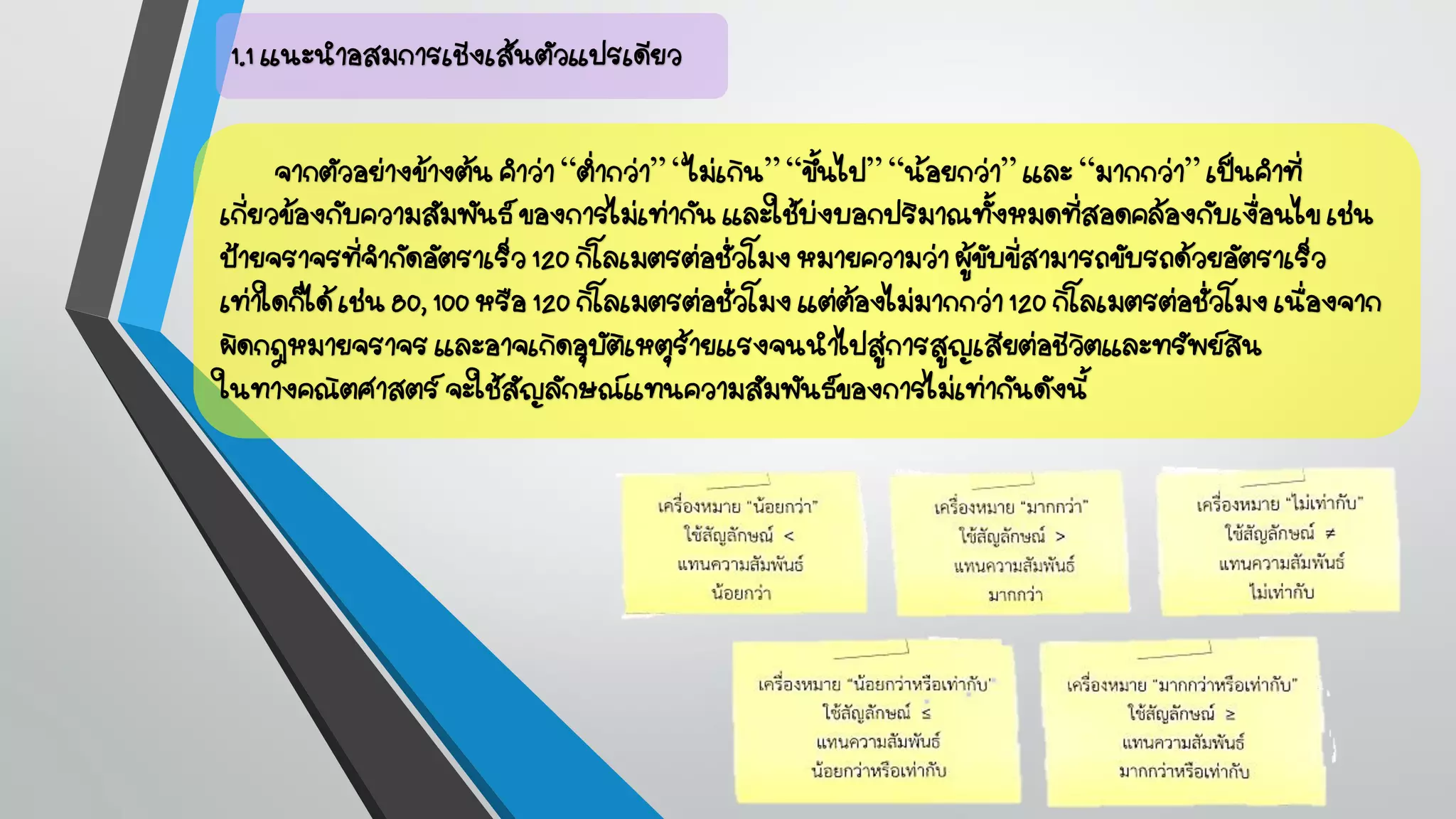 จากตัวอย่างข้างต้น คาว่า “ต่ากว่า” “ไม่เกิน” “ขึ้นไป” “น้อยกว่า” และ “มากกว่า” เป็นคาที่
เกี่ยวข้องกับความสัมพันธ์ ของการไม่เท่ากัน และใช้บ่งบอกปริมาณทั้งหมดที่สอดคล้องกับเงื่อนไข เช่น
ป้ายจราจรที่จากัดอัตราเร็ว 120 กิโลเมตรต่อชั่วโมง หมายความว่า ผู้ขับขี่สามารถขับรถด้วยอัตราเร็ว
เท่าใดก็ได้เช่น 80, 100 หรือ 120 กิโลเมตรต่อชั่วโมง แต่ต้องไม่มากกว่า 120 กิโลเมตรต่อชั่วโมง เนื่องจาก
ผิดกฎหมายจราจร และอาจเกิดอุบัติเหตุร้ายแรงจนนาไปสู่การสูญเสียต่อชีวิตและทรัพย์สิน
ในทางคณิตศาสตร์ จะใช้สัญลักษณ์แทนความสัมพันธ์ของการไม่เท่ากันดังนี้
1.1 แนะนาอสมการเชิงเส้นตัวแปรเดียว
 