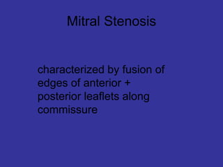 Mitral Stenosis
characterized by fusion of
edges of anterior +
posterior leaflets along
commissure
 