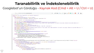 11
Taranabilirlik ve İndekslenebilirlik
Googlebot’un Gördüğü - Kaynak Kod (Cmd + Alt + U / Ctrl + U)
 
