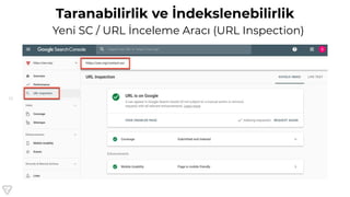 15
Taranabilirlik ve İndekslenebilirlik
Yeni SC / URL İnceleme Aracı (URL Inspection)
 