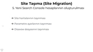 155
5. Yeni Search Console hesaplarının oluşturulması
Site Taşıma (Site Migration)
➔ Site haritalarının taşınması
➔ Parametre ayarlarının taşınması
➔ Disavow dosyasının taşınması
 