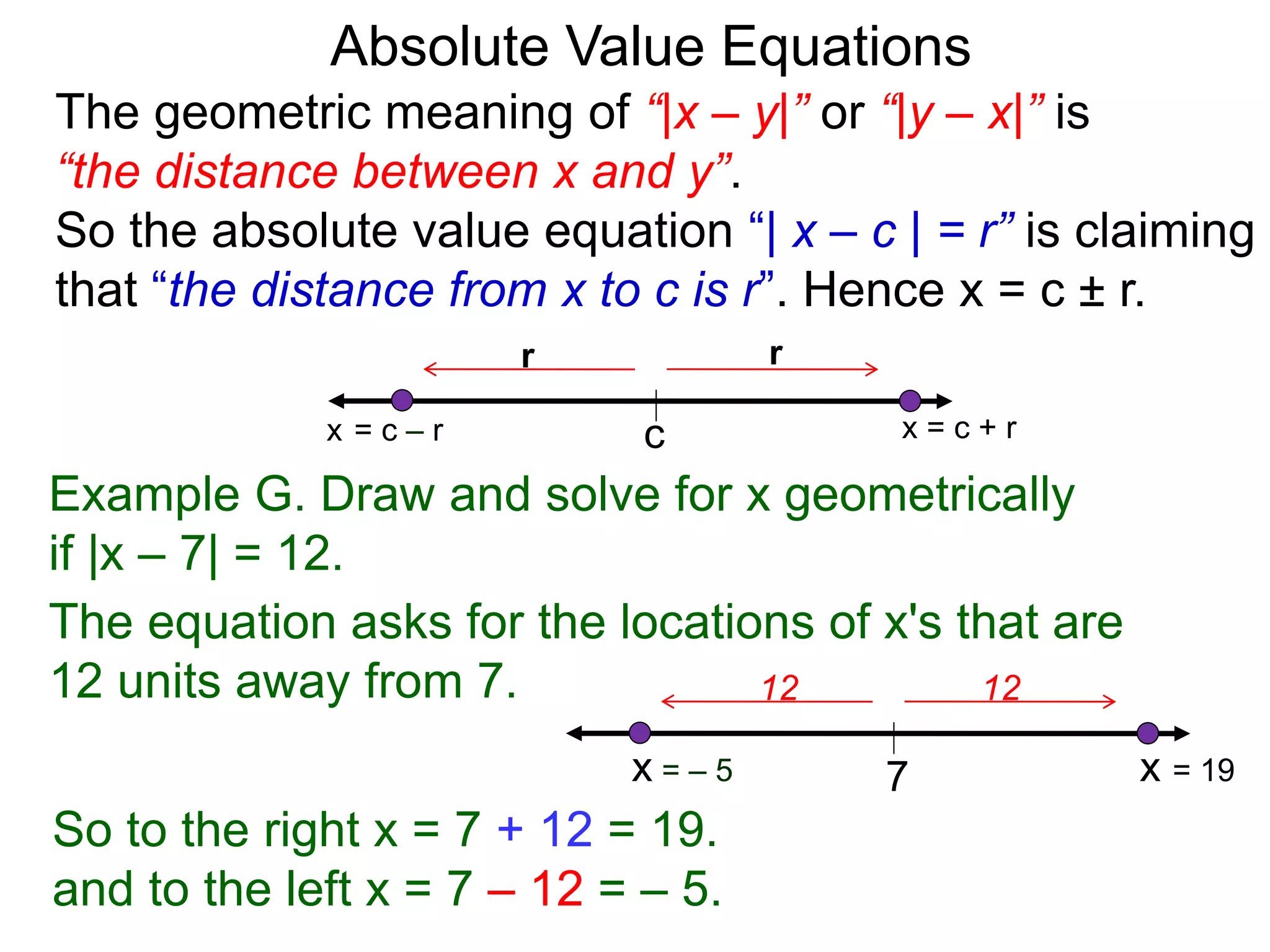 The geometric meaning of “|x – y|” or “|y – x|” is
“the distance between x and y”.
So the absolute value equation “| x – c | = r” is claiming
that “the distance from x to c is r”. Hence x = c ± r.
Absolute Value Equations
Example G. Draw and solve for x geometrically
if |x – 7| = 12.
The equation asks for the locations of x's that are
12 units away from 7.
c
r
x = c + r
So to the right x = 7 + 12 = 19.
and to the left x = 7 – 12 = – 5.
7
1212
x = 19x = – 5
r
x = c – r
 