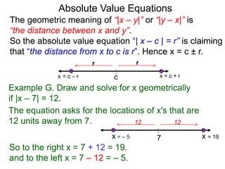 The geometric meaning of “|x – y|” or “|y – x|” is
“the distance between x and y”.
So the absolute value equation “| x – c | = r” is claiming
that “the distance from x to c is r”. Hence x = c ± r.
Absolute Value Equations
Example G. Draw and solve for x geometrically
if |x – 7| = 12.
The equation asks for the locations of x's that are
12 units away from 7.
c
r
x = c + r
So to the right x = 7 + 12 = 19.
and to the left x = 7 – 12 = – 5.
7
1212
x = 19x = – 5
r
x = c – r
 