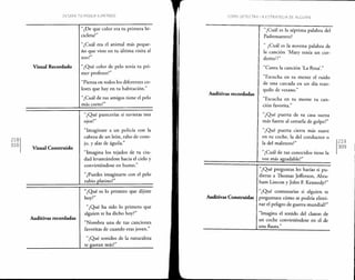 Visual Recordado
"¿De que color era tu primera bi-
cicleta?"
"¿Cuál era el animal más peque-
ño que viste en tu última visita al
zoo?"
"¿Qué color de pelo tenía tu pri-
mer profesor?"
"Piensa en todos los diferentes co-
lores que hay en tu habitación."
"¿Cuál de tus amigos tiene el pelo
más corto?"
Visual Construido
"¿Qué parecerías si tuvieras tres
ojos?"
"Imagínate a un policía con la
cabeza de un león, rabo de cone-
jo, y alas de águila."
"Imagina los tejados de tu ciu-
dad levantándose hacia el cielo y
convirtiéndose en humo."
"¿Puedes imaginarte con el pelo
rubio platino?"
Auditivas recordadas
"¿Qué es lo primero que dijiste
hoy?"
"¿Qué ha sido lo primero que
alguien te ha dicho hoy?"
"Nombra una de tus canciones
favoritas de cuando eras joven."
"¿Qué sonidos de la naturaleza
te gustan mas?".
Auditivas recordadas
"¿Cuál es la séptima palabra del
Padrenuestro?
" ¿Cuál es la novena palabra de
la canción 'Mary tenía un cor-
derito'?"
"Canta la canción 'La Rosa'."
"Escucha en tu mente el ruido
de una cascada en un día tran-
quilo de verano."
"Escucha en tu mente tu can-
ción favorita."
"¿Qué puerta de tu casa suena
más fuerte al cerrarla de golpe?"
"¿Qué puerta cierra más suave
en tu coche, la del conductor o
la del maletero?"
"¿Cuál de tus conocidos tiene la
voz más agradable?" AuditivasContruidas
"¿Qué preguntas les harías si pu-
dieras a Thomas Jefferson, Abra-
ham Lincon y John F. Kennedy?"
"¿Qué contestarías si alguien te
p reguntara cómo se podría elimi-
nar el peligro de guerra mundial?"
"Imagina el sonido del claxon de
un coche convirtiéndose en el de
una flauta."
 