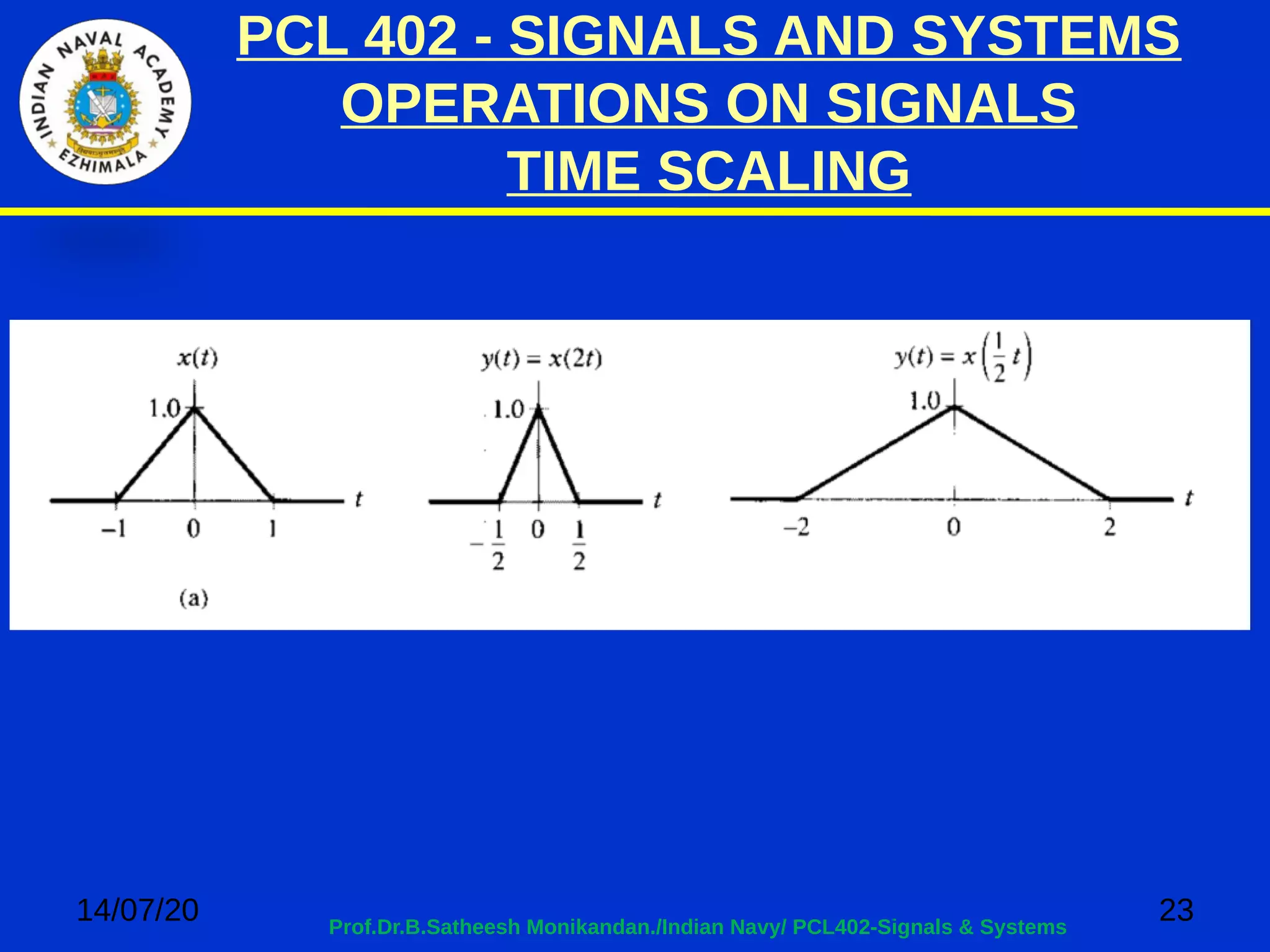 PCL 402 - SIGNALS AND SYSTEMS
OPERATIONS ON SIGNALS
TIME SCALING
14/07/20 23Prof.Dr.B.Satheesh Monikandan./Indian Navy/ PCL402-Signals & Systems
 