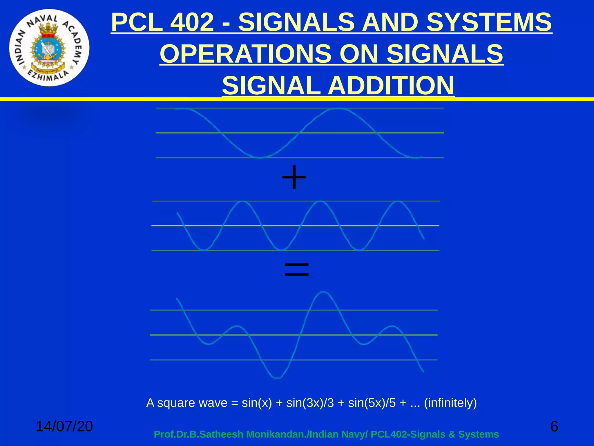 PCL 402 - SIGNALS AND SYSTEMS
OPERATIONS ON SIGNALS
SIGNAL ADDITION
14/07/20 6Prof.Dr.B.Satheesh Monikandan./Indian Navy/ PCL402-Signals & Systems
A square wave = sin(x) + sin(3x)/3 + sin(5x)/5 + ... (infinitely)
 