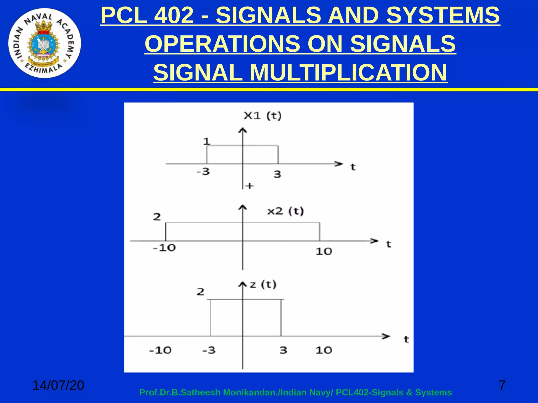 PCL 402 - SIGNALS AND SYSTEMS
OPERATIONS ON SIGNALS
SIGNAL MULTIPLICATION
14/07/20 7Prof.Dr.B.Satheesh Monikandan./Indian Navy/ PCL402-Signals & Systems
 