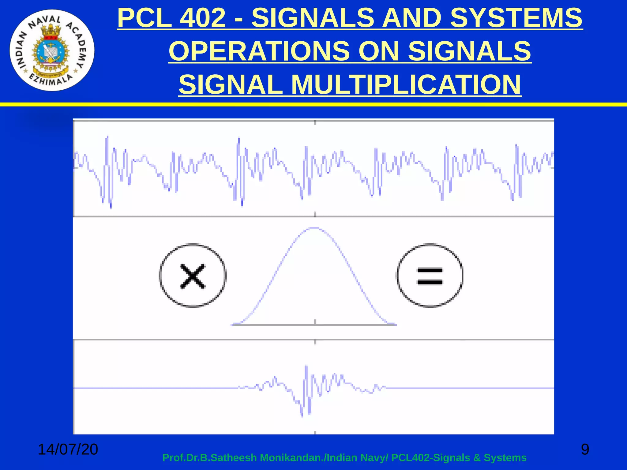 PCL 402 - SIGNALS AND SYSTEMS
OPERATIONS ON SIGNALS
SIGNAL MULTIPLICATION
14/07/20 9Prof.Dr.B.Satheesh Monikandan./Indian Navy/ PCL402-Signals & Systems
 