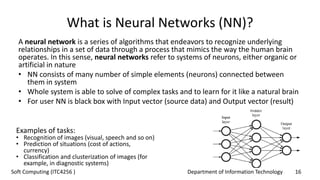 Department of Information Technology 16Soft Computing (ITC4256 )
What is Neural Networks (NN)?
A neural network is a series of algorithms that endeavors to recognize underlying
relationships in a set of data through a process that mimics the way the human brain
operates. In this sense, neural networks refer to systems of neurons, either organic or
artificial in nature
• NN consists of many number of simple elements (neurons) connected between
them in system
• Whole system is able to solve of complex tasks and to learn for it like a natural brain
• For user NN is black box with Input vector (source data) and Output vector (result)
Examples of tasks:
• Recognition of images (visual, speech and so on)
• Prediction of situations (cost of actions,
currency)
• Classification and clusterization of images (for
example, in diagnostic systems)
 