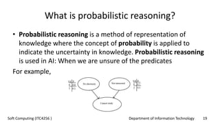 Department of Information Technology 19Soft Computing (ITC4256 )
What is probabilistic reasoning?
• Probabilistic reasoning is a method of representation of
knowledge where the concept of probability is applied to
indicate the uncertainty in knowledge. Probabilistic reasoning
is used in AI: When we are unsure of the predicates
For example,
 