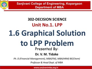 www.sanjivanimba.org.in
302-DECISION SCIENCE
Unit No.1. LPP
1.6 Graphical Solution
to LPP Problem
Presented By:
Dr. V. M. Tidake
Ph. D (Financial Management), MBA(FM), MBA(HRM) BE(Chem)
Professor & Head Dept. of MBA
1
Sanjivani College of Engineering, Kopargaon
Department of MBA
www.sanjivanimba.org.in
 
