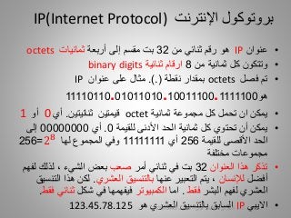 •‫عنوان‬IP‫هو‬‫من‬ ‫ثنائي‬ ‫رقم‬32‫أربعة‬ ‫إلى‬ ‫مقسم‬ ‫بت‬‫ثمانيات‬octets
•‫و‬‫تت‬‫من‬ ‫ثمانية‬ ‫كل‬ ‫كون‬8‫ثنائية‬ ‫ارقام‬binary digits
•‫فصل‬ ‫تم‬octets‫نقطة‬ ‫بمقدار‬.).(‫عنوان‬ ‫على‬ ‫مثال‬IP
‫هو‬11110110.01011010.10011100.1111100
•‫ثمانية‬ ‫مجموعة‬ ‫كل‬ ‫تحمل‬ ‫ان‬ ‫يمكن‬octet‫قيمتين‬‫ثنائيتين‬.‫أي‬0‫أو‬1
•‫كل‬ ‫تحتوي‬ ‫أن‬ ‫يمكن‬‫ثمانية‬‫الحد‬‫للقيمة‬ ‫األدنى‬0.‫أي‬00000000‫إلى‬
‫للقيمة‬ ‫األقصى‬ ‫الحد‬256‫أي‬11111111‫لها‬ ‫المجموع‬ ‫وفي‬28
=256
‫مجموعات‬‫مختلفة‬
•‫تذكر‬‫العنوان‬ ‫هذا‬32‫أمر‬ ‫ثنائي‬ ‫في‬ ‫بت‬‫صعب‬‫لف‬ ‫لذلك‬ ، ‫الشيء‬ ‫بعض‬‫هم‬
‫أفضل‬‫لإلنسان‬‫عنها‬ ‫التعبير‬ ‫يتم‬ ،‫العشري‬ ‫بالتنسيق‬.‫ا‬ ‫هذا‬ ‫لكن‬‫لتنسيق‬
‫العشري‬‫لفهم‬‫ا‬‫لبشر‬‫فقط‬.‫اما‬‫الكمبيوتر‬‫ف‬‫يفهمها‬‫شكل‬ ‫في‬‫ثنائ‬‫ي‬‫فقط‬.
•‫االيبي‬IP‫هو‬ ‫العشري‬ ‫بالتنسيق‬ ‫السابق‬123.45.78.125
‫اإلنترنت‬ ‫بروتوكول‬IP(Internet Protocol)
‫السيبراني‬ ‫األمن‬-‫م‬/‫البيلي‬ ‫أيمن‬-‫للتواصل‬772915445 12
 