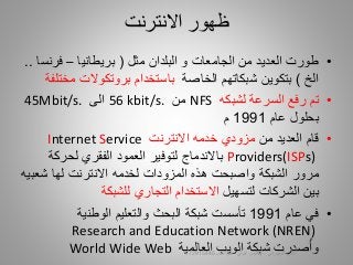 •‫مثل‬ ‫البلدان‬ ‫و‬ ‫الجامعات‬ ‫من‬ ‫العديد‬ ‫طورت‬(‫بريطانيا‬–‫فرن‬‫سا‬..
‫الخ‬)‫الخاصة‬ ‫شبكاتهم‬ ‫بتكوين‬‫م‬ ‫بروتكوالت‬ ‫باستخدام‬‫ختلفة‬
•‫لشبكه‬ ‫السرعة‬ ‫رفع‬ ‫تم‬NFS‫من‬56 kbit/s.‫الى‬45Mbit/s.
‫عام‬ ‫بحلول‬1991‫م‬
•‫من‬ ‫العديد‬ ‫قام‬‫االنترنت‬ ‫خدمه‬ ‫مزودي‬Internet Service
Providers(ISPs)‫باالندماج‬‫لحركة‬ ‫الفقري‬ ‫العمود‬ ‫لتوفير‬
‫مرور‬‫الشبكة‬‫شع‬ ‫لها‬ ‫االنترنت‬ ‫لخدمه‬ ‫المزودات‬ ‫هذه‬ ‫واصبحت‬‫بيه‬
‫لتسهيل‬ ‫الشركات‬ ‫بين‬‫للشبكة‬ ‫التجاري‬ ‫االستخدام‬
•‫عام‬ ‫في‬1991‫تأسست‬‫البحث‬ ‫شبكة‬‫والتعلي‬‫م‬‫الوطنية‬
Research and Education Network (NREN)
‫صدرت‬ُ‫وأ‬‫شبكة‬‫الويب‬‫العالمية‬World Wide Web
‫االنترنت‬ ‫ظهور‬
‫السيبراني‬ ‫األمن‬-‫م‬/‫البيلي‬ ‫أيمن‬-‫للتواصل‬772915445 9
 