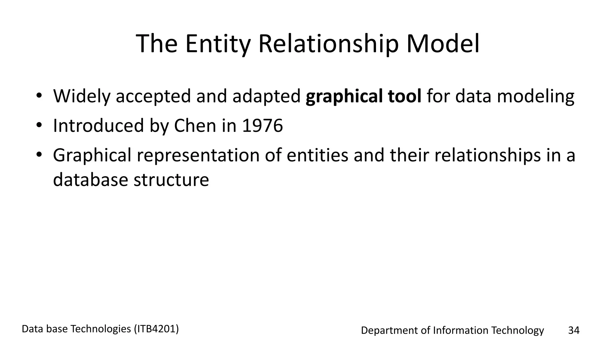 Department of Information Technology 34Data base Technologies (ITB4201)
The Entity Relationship Model
• Widely accepted and adapted graphical tool for data modeling
• Introduced by Chen in 1976
• Graphical representation of entities and their relationships in a
database structure
 