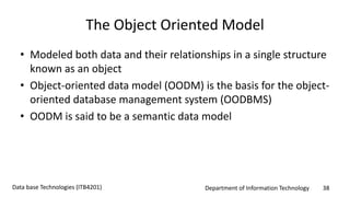Department of Information Technology 38Data base Technologies (ITB4201)
The Object Oriented Model
• Modeled both data and their relationships in a single structure
known as an object
• Object-oriented data model (OODM) is the basis for the object-
oriented database management system (OODBMS)
• OODM is said to be a semantic data model
 