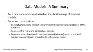 Department of Information Technology 44Data base Technologies (ITB4201)
Data Models: A Summary
• Each new data model capitalized on the shortcomings of previous
models
• Common characteristics:
– Conceptual simplicity without compromising the semantic completeness of the
database
– Represent the real world as closely as possible
– Representation of real-world transformations (behavior) must comply with
consistency and integrity characteristics of any data model
 