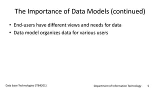 Department of Information Technology 5Data base Technologies (ITB4201)
The Importance of Data Models (continued)
• End-users have different views and needs for data
• Data model organizes data for various users
 