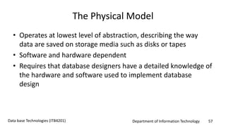 Department of Information Technology 57Data base Technologies (ITB4201)
The Physical Model
• Operates at lowest level of abstraction, describing the way
data are saved on storage media such as disks or tapes
• Software and hardware dependent
• Requires that database designers have a detailed knowledge of
the hardware and software used to implement database
design
 
