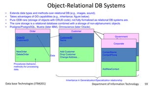 Department of Information Technology 59Data base Technologies (ITB4201)
Object-Relational DB Systems
Inheritance in Generalization/Specialization relationship
Customer
CustomerID
Name
…
Add Customer
Drop Customer
Change Address…
Government
Customer
ContactName
ContactPhone
Discount, …
NewContact
Corporate
ContactName
ContactPhone
…
AddNewContact
Order
OrderID
CustomerID
…
NewOrder
DeleteOrder
…
Procedures (behavior,
methods) for processing
data.
Data
• Extends data types and methods over relational DB (e.g., images, sound).
• Takes advantages of OO capabilities (e.g., inheritance; figure below).
• Pure ODB rare (storage of objects with CRUD code); not fully formalized as relational DB systems are.
• The core storage is a relational database combined with a storage of non-alphanumeric objects.
• Postgres/PostgreSQL, Illustra (later IBM), Omniscience (later Oracle).
 