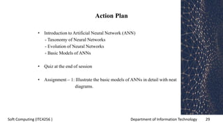 Department of Information Technology 29Soft Computing (ITC4256 )
Action Plan
• Introduction to Artificial Neural Network (ANN)
- Taxonomy of Neural Networks
- Evolution of Neural Networks
- Basic Models of ANNs
• Quiz at the end of session
• Assignment – 1: Illustrate the basic models of ANNs in detail with neat
diagrams.
 