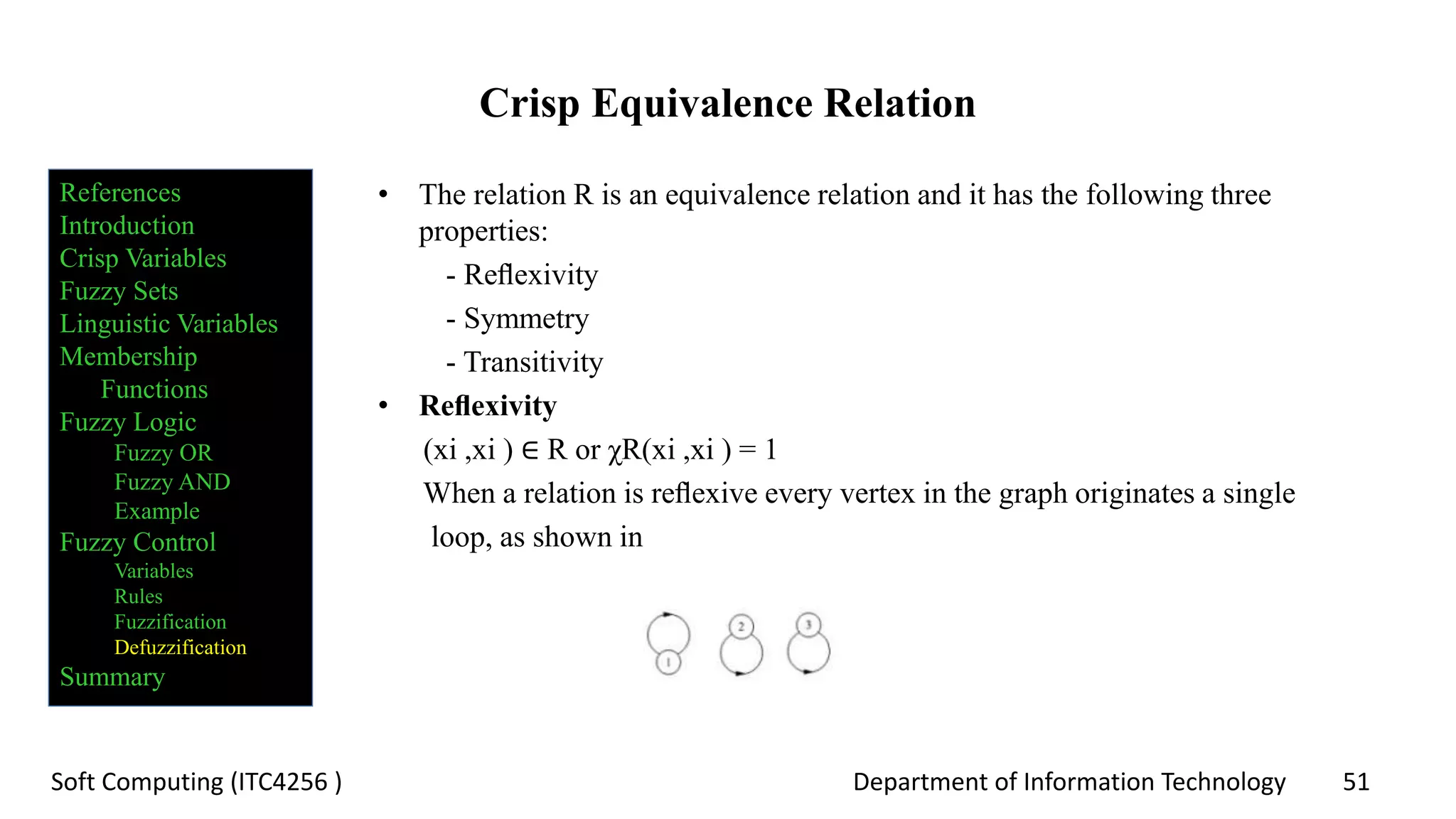 Department of Information Technology 51Soft Computing (ITC4256 )
Crisp Equivalence Relation
• The relation R is an equivalence relation and it has the following three
properties:
- Reﬂexivity
- Symmetry
- Transitivity
• Reﬂexivity
(xi ,xi ) ∈ R or χR(xi ,xi ) = 1
When a relation is reﬂexive every vertex in the graph originates a single
loop, as shown in
References
Introduction
Crisp Variables
Fuzzy Sets
Linguistic Variables
Membership
Functions
Fuzzy Logic
Fuzzy OR
Fuzzy AND
Example
Fuzzy Control
Variables
Rules
Fuzzification
Defuzzification
Summary
 