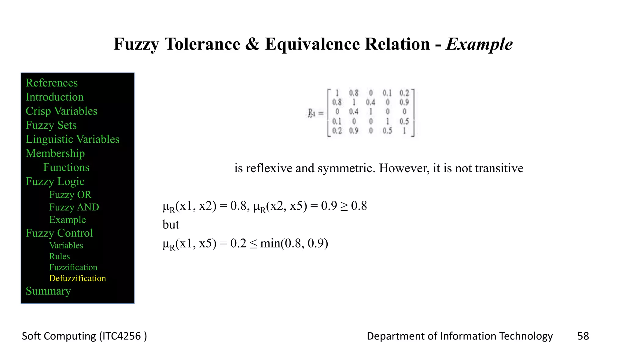 Department of Information Technology 58Soft Computing (ITC4256 )
Fuzzy Tolerance & Equivalence Relation - Example
is reflexive and symmetric. However, it is not transitive
μR(x1, x2) = 0.8, μR(x2, x5) = 0.9 ≥ 0.8
but
μR(x1, x5) = 0.2 ≤ min(0.8, 0.9)
References
Introduction
Crisp Variables
Fuzzy Sets
Linguistic Variables
Membership
Functions
Fuzzy Logic
Fuzzy OR
Fuzzy AND
Example
Fuzzy Control
Variables
Rules
Fuzzification
Defuzzification
Summary
 
