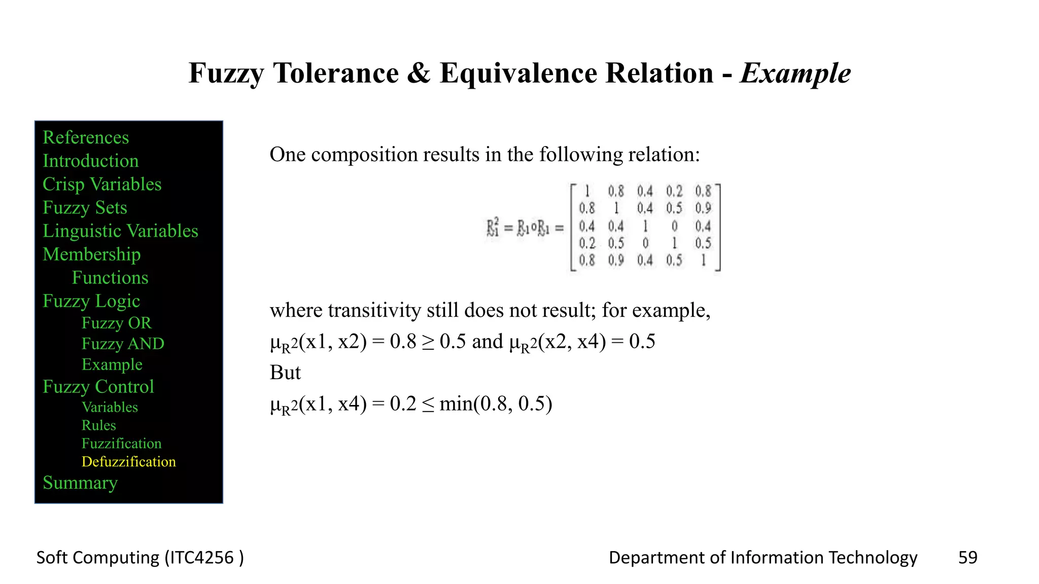 Department of Information Technology 59Soft Computing (ITC4256 )
Fuzzy Tolerance & Equivalence Relation - Example
One composition results in the following relation:
where transitivity still does not result; for example,
μR2(x1, x2) = 0.8 ≥ 0.5 and μR2(x2, x4) = 0.5
But
μR2(x1, x4) = 0.2 ≤ min(0.8, 0.5)
References
Introduction
Crisp Variables
Fuzzy Sets
Linguistic Variables
Membership
Functions
Fuzzy Logic
Fuzzy OR
Fuzzy AND
Example
Fuzzy Control
Variables
Rules
Fuzzification
Defuzzification
Summary
 