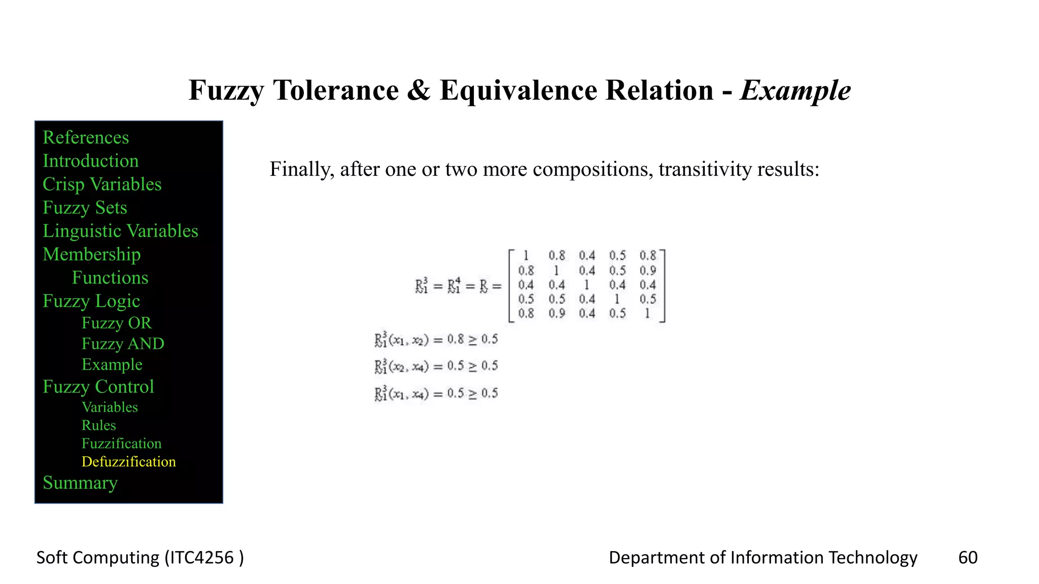 Department of Information Technology 60Soft Computing (ITC4256 )
Fuzzy Tolerance & Equivalence Relation - Example
Finally, after one or two more compositions, transitivity results:
References
Introduction
Crisp Variables
Fuzzy Sets
Linguistic Variables
Membership
Functions
Fuzzy Logic
Fuzzy OR
Fuzzy AND
Example
Fuzzy Control
Variables
Rules
Fuzzification
Defuzzification
Summary
 