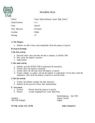 TEACHING PLAN
School : Tunas Mekar Indonesia Senior High School
Grade/Semester : 11/1
Topic : Speech
Time Allocation : 60 minute
Learning : Online
Meeting : 3rd
A. The Purpose:
a. Students are able to know and comprehend about the purpose of speech.
B. Steps in learning
1.The first activity
a. Open the virtual class and share the link to students @ SPADA TMI
b. Pray, check the student’s presence
c. Apperception.
2. The main activity
a. Students open the SPADA TMI to understand the instruction,
b. Teacher shows the purpose of learning
c. Teacher shows the sub topic about the purpose of speech.
d. Teacher explains as a glance and ask the students to comprehend it by let them watch the
explanation video about the purpose of speech or read the article.
3. The last activity
a. Teacher and students conclude the topic discussion.
b. Students do the post-test to know their understanding.
C. Assesment
a. Practical : Present about the purpose of speech.
b. Product : A mind mapping/Power point slides/Vlog.
Bandarlampung, July 2020
Admitted, Subject Teacher
TMI SHS Principal English
Tri Puji Astuti, S.Si., M.Pd. Indra Janual,S.S.
 