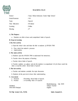 TEACHING PLAN
School : Tunas Mekar Indonesia Senior High School
Grade/Semester : 10/1
Topic : Speech
Time Allocation : 60 minute
Learning : Online
Meeting : 4th
A. The Purpose:
a. Students are able to know and comprehend kinds of speech.
B. Steps in learning
1.The first activity
a. Open the virtual class and share the link to students @ SPADA TMI
b. Pray, check the student’s presence
c. Apperception.
2. The main activity
a. Students open the SPADA TMI to understand the instruction,
b. Teacher shows the purpose of learning
c. Teacher shows kinds of speech.
d. Teacher explains as a glance and ask the students to comprehend it by let them watch the
video or read the article about kinds of speech
3. The last activity
a. Teacher and students conclude the topic discussion.
b. Students do the post-test to know their understanding.
C. Assesment
a. Practical : Presenting about kinds of speech.
b. Product : A recording video of a speech.
Bandarlampung, July 2020
Admitted, Subject Teacher
TMI SHS Principal English
Tri Puji Astuti, S.Si., M.Pd. Indra Janual,S.S.
 
