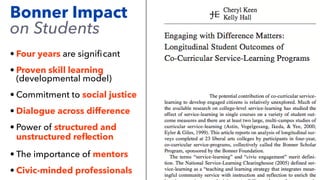 • Four years are signiﬁcant
• Proven skill learning
(developmental model)
• Commitment to social justice
• Dialogue across difference
• Power of structured and
unstructured reﬂection
• The importance of mentors
• Civic-minded professionals
Bonner Impact
on Students
 
