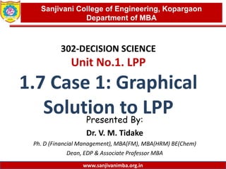 www.sanjivanimba.org.in
302-DECISION SCIENCE
Unit No.1. LPP
1.7 Case 1: Graphical
Solution to LPPPresented By:
Dr. V. M. Tidake
Ph. D (Financial Management), MBA(FM), MBA(HRM) BE(Chem)
Dean, EDP & Associate Professor MBA
1
Sanjivani College of Engineering, Kopargaon
Department of MBA
www.sanjivanimba.org.in
 